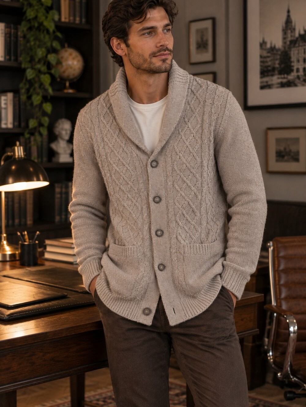 TravelSmith XL Merino Wool Cable Knit Shawl Collar Cardigan Sweater Beige